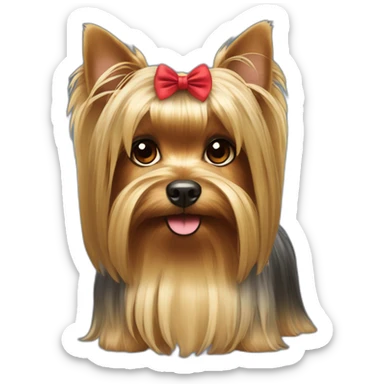 Yorkshire terrier with long beautiful hair and a gathered tail on the face decorated with a bow sticker