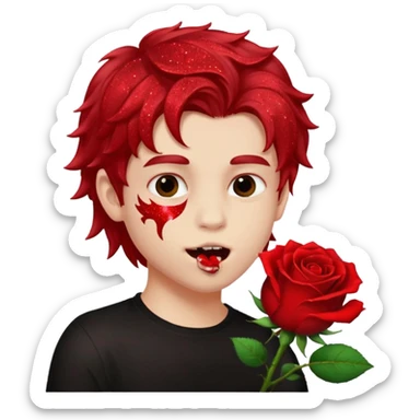 red glitter naughty-looking boy biting a rose in his mouth sticker