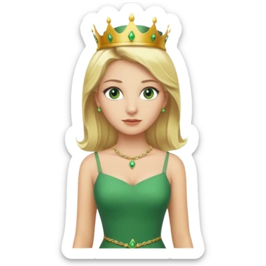 Queen, crown, blonde hair, green eyes, long green tight dress, whole Body, sticker