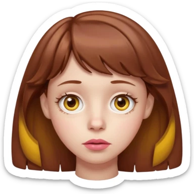 FAÇA UMA PERSONAGEM FOFA COM NARIZ DE BOLINHA AVERMELHADO CLARO E ZUMBI CABELO MARRON ONDULADO E FRANJA CURTA   COMO SE NÃO SOUBESSE OQ FEZ LÁBIOS CLAROS FECHADOS E OLHOS AMARELOS sticker