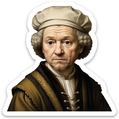 cinematic-realistic-portrait-of-rembrandt,-shown-as-a-master-artist-with-deep,-introspective-eyes-and-richly-detailed-period-clothing,-rendered-with-dramatic-chiaroscuro-lighting-that-emphasizes-his-legacy sticker