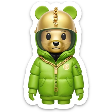 bearbrick toy with lime balaclava tagged with logos, wearing oversized monolens ski-type visor shield covering eyes as one continuous piece, puffer jacket with fur, gold chains sticker