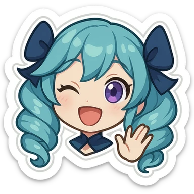 Gwen from League of Legends, chibi emote style, only head visible, right eye purple, joyful hi expression, waving hand, eyes open, cute and expressive sticker
