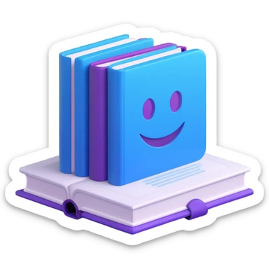 Playful 3D book emoji, blue and purple glossy cover, rounded corners, floating at a slight angle, soft shadow, kawaii style, vibrant and smooth, minimalist and clean, thick pages on side, transparent background, isometric, Icons8 3D style, professional yet friendly sticker