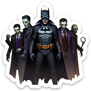 Icon for Thriller Movies: A large, dramatic collage featuring sinister villains and zombies in dark clothing. The background shows the gloomy cityscape of Gotham with dim lighting and eerie shadows. The atmosphere should be tense, mysterious, and suspenseful. Transparent background. sticker