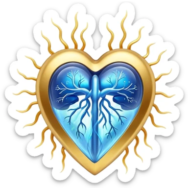 Golden omega-3 fish oil capsule with ethereal blue glowing aura connecting to a translucent heart and brain, showing energy flowing between them, with soft light waves sticker