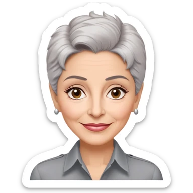 Older Puerto Rican actress Marian Pabón with elongated face, light pinkish skin, almond-shaped expressive eyes, straight nose, well-defined lips with wide smile, arched eyebrows, pronounced cheekbones, short spiky gray hair like a man's cut, more wrinkles, wearing a white buttoned shirt sticker