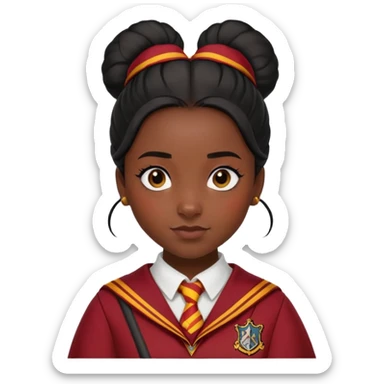 alicia spinnet in harry potter, wear hogwarts gryfindor uniform, black bun hair, black skin sticker