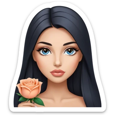 Glamours, tanned, very beautiful girl, with big pump peach-beige-rose lips, long long lashes, black straight smooth silky long hair, straight parting hair, blue-grey eyes sticker