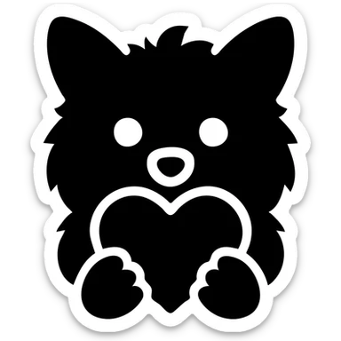Transform this image into a clean, modern logo of a stylized dog holding a heart in its mouth. Use minimal lines and bold shapes suitable for branding. No background, transparent. sticker