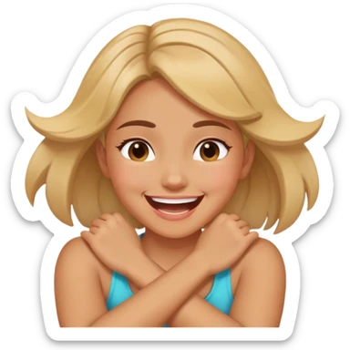 girl with crossed arms holding neck laughing with crosses out eyes sticker