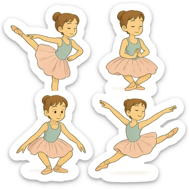 Create several ballet poses: arabesque, pirouette, plié, and grand jeté. Keep the same character and color palette. sticker