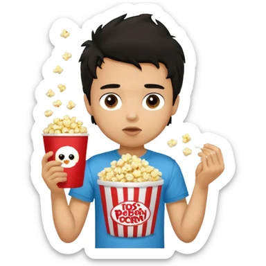 generate a pretty tan bratz boy with a brown tshirt on. eating popcorn. messy black hair sticker