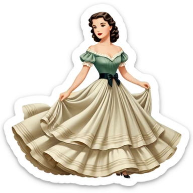 Icon for Romance Movie: A vintage movie poster-style design inspired by Gone with the Wind. Include romantic, sweeping imagery like Scarlett O'Hara in a flowing dress, Rhett Butler, a plantation backdrop, and fluttering wind-blown fabric. Soft, nostalgic cinematic feel. Transparent background. sticker