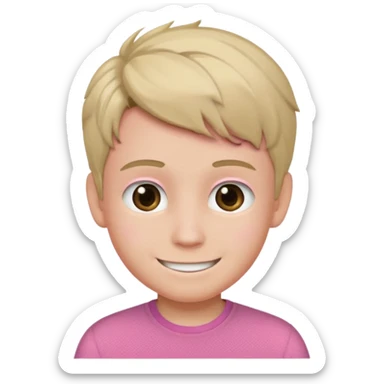 A smiling boy with a pink top and the darkest blonde hair sticker