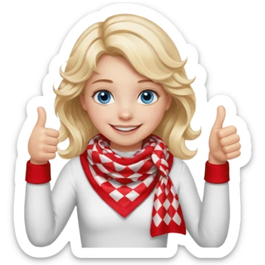 Blonde Girl, Blue Eyes, wavy hair, smiling, thumbs up, wearing red Checkered Triangle scarf, white dress sticker