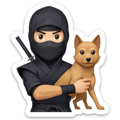 clash-of-clans-aesthetic_-cinematic-mysterious-male-ninja-portrait-emoji, rendered in a flat, vector-style with minimal shading and bold, simplified shapes, his arm is stretched out  with a head slightly turned revealing intense, focused eyes. the ninja is accompanied by a Ninken dog sticker
