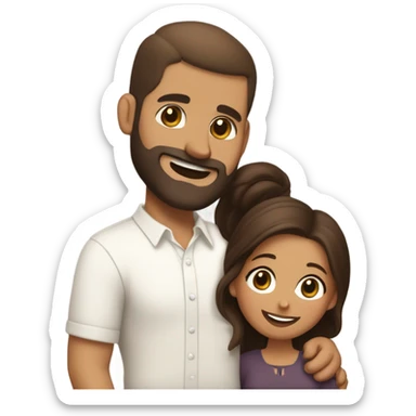 Brown-haired Puerto Rican woman with dark brown eyes wearing a cute blouse giving a comforting hug to a short, bald man with brown eyes, laugh lines, and a beard sticker