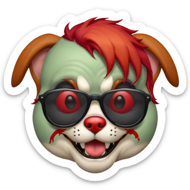 Zombie dog with sun glasses and red hair and joker nose sticker