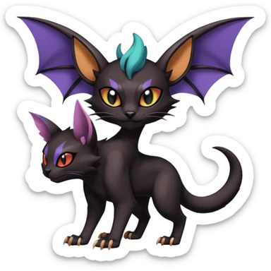 dark spooky badass cool shiny glossy smooth soft Black edgy Noivern-Noibat-Purloin-Torracat-Lykoi-Caracal-cat-Fakemon-fusion-hybrid-creature with bat wings on head as ears, big fangs, gothic markings sticker