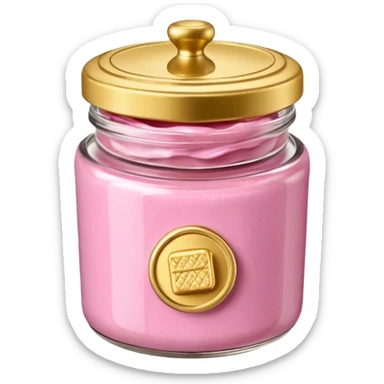 Una miniatura fotorrealista de un tarro de mantequilla corporal elegante, con una tapa dorada brillante. Una sola moneda de oro, pequeña y sutil, reposa al lado del tarro. Iluminación suave de estudio. Colores: rosa, terracota y dorado. Estilo: lujo en miniatura. sticker