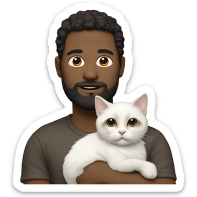 White men with mix of dark brown hair and beard holding white ragdoll cat sticker