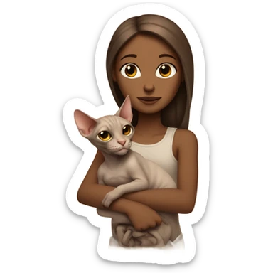A white girl with brown long hair holds a sphinx cat in her arms sticker