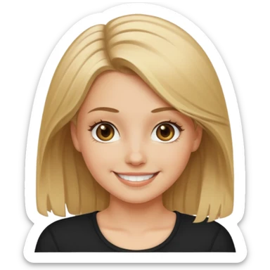 white girl with dirty blond hair, hazel eyes, black top, smiling sticker