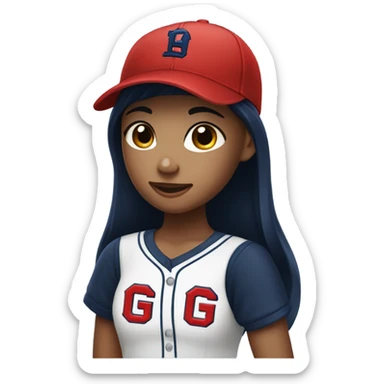 Black long hair girl wearing navy ballcap emblazoned with a red G initial and wearing baseball uniform sticker