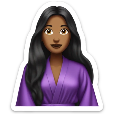 Tanned woman with long black hair wearing a silk purple Victoria’s Secret robe sticker