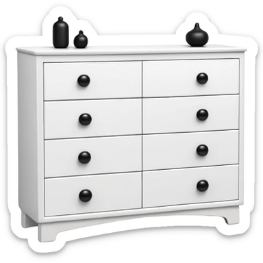 sleek white dresser with 6 drawers, each featuring one small black knob, minimalist but with realistic depth sticker