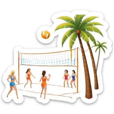 The scene captures a sunny sea beach atmosphere with clear blue sea and sky, palm trees swaying, and people in swimsuits enjoying the vibrant surroundings. A volleyball resting on the orange sand ground of a beach, with a volleyball net in the background.  sticker