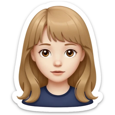 Pale skinned girl with light brown hair and dark brown eyes. She has bangs and her hair is slightly big wavy and long sticker