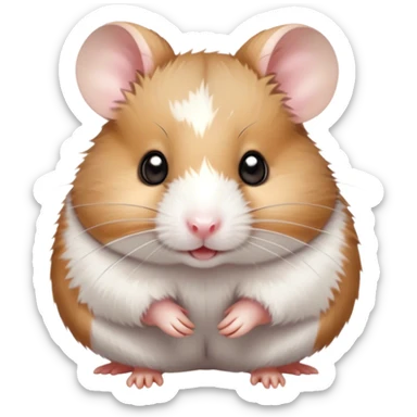 Cinematic Cute Brown and White Banded Hamster Portrait Emoji, Head tilted playfully and inquisitively, showcasing a fluffy coat with playful brown and white banded patterns, round, sparkling dark eyes filled with curiosity, Simplified yet irresistibly adorable features, highly detailed, glowing with a warm, friendly glow, high shine, affectionate and lively, stylized with a touch of whimsy, bright and endearing, soft glowing outline, capturing the essence of a mischievous yet loving hamster, so playful it feels like it could dash out of the screen and into your arms! sticker