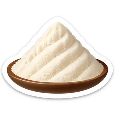 powdered rice cream, small soft mound or light scatter of fine ivory-colored rice powder, ultra-fine smooth texture like sifted flour, matte dry surface, natural edge variations, pale white to soft beige tone, clean 3D look, soft lighting, no packaging or extra elements, no faces, emoji scale sticker