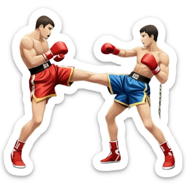 An icon symbolizing kickboxing, featuring two fighters in the ring. One throws a powerful high kick, while the other counters with a punch. The background shows a boxing ring with ropes and a crowd in the distance. Transparent background emphasizes the dynamic energy sticker