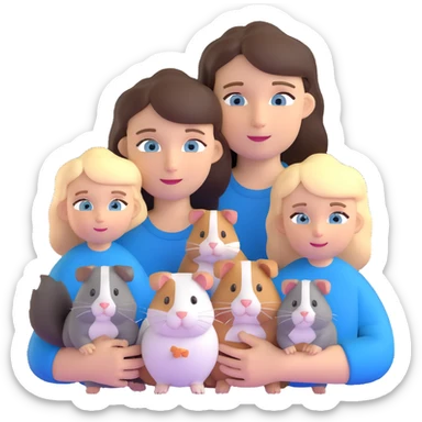 Family portrait with father with dark brown hair and blue eyes, mother with light brown hair and blue eyes, three blonde little girls with blue eyes, plus a grey cat and two guinea pigs sticker