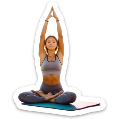 A person moves through a gentle yoga pose in the morning sun, one hand reaching up, the other near a plate of vibrant whole foods and a bottle of water. A cozy bed sits behind them, glowing softly. Nearby, a small group of friends laughs together under a tree—health, movement, nourishment, rest,  sticker