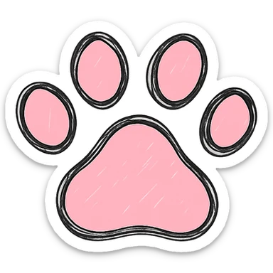 hand drawn outlined icon of a pink paw print, no fill, transparent background, thick lines sticker
