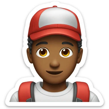 a young man with a red cap sticker