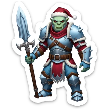 
Fantasy Christmas orc legion soldier icon, iron tundra army theme, heavy winter armor, disciplined brutal look, icy blue steel armor with deep crimson accents, frozen metal texture, cold winter atmosphere, male variant sticker