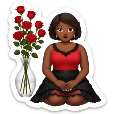 A plus-size black woman with short, straight, dark brown hair is wearing a red sleeveless shirt and a black lace ruffled skirt. She is holding a rose and sitting on the floor with her legs crossed. On the floor is a glass vase with red roses. sticker