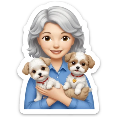 silver, short, wavy-haired with loose curls, smiling pretty lady holding a whit terrier dog and a white and tan shih tzu dog sticker