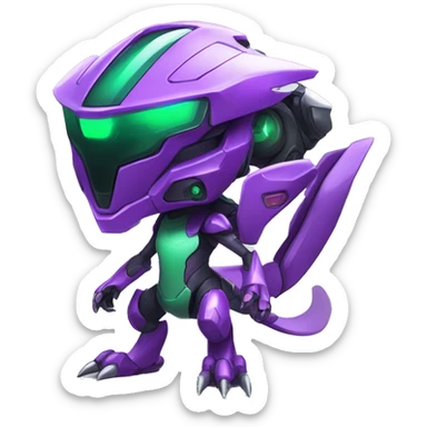 a chibi-style purple-green Genesect-Raptor-Fakémon—hybrid with a futuristic visor-helmet full body sticker