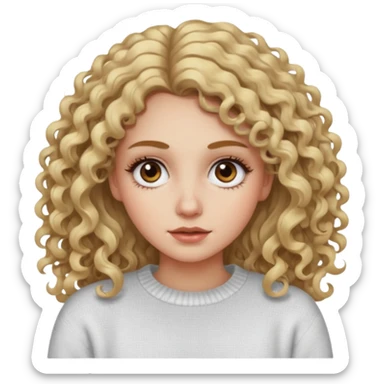 a dirty blonde girl with brown eyes and make her wearing a white sweater with curly hair and white skin color, long hair and big lashes sticker