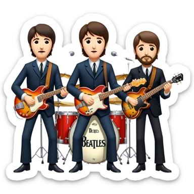Rock music icon: The Beatles performing live on stage. John Lennon with guitar, Paul McCartney with bass, George Harrison with guitar, Ringo Starr on drums. Bright lights, energetic performance. Transparent background. sticker