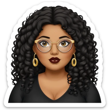 big plus size, darker tan skin, long black curly hair, baddie,pretty, makeup, lipliner, black eyeliner, long hair, gold earrings, black top, glasses sticker