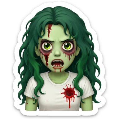 a zombie with long curly black hair volumoso, brown eyes, a white t-shirt and a splash of blood on her t-shirt, mouth open like a zombie, green skin color, not much expression, no drawing on shirt, no hands showing, less blood on her face, less blood, black hair and black eyes sticker