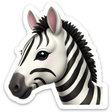 Cinematic Cute Zebra Portrait Emoji, Head tilted playfully and inquisitively, featuring a glossy, intricately striped fur of black and white, a refined, horse-like head with a long snout and alert ears, and round, sparkling eyes filled with curious wonder, Simplified yet irresistibly adorable features, highly detailed, glowing with a warm, friendly glow, high shine, affectionate and spirited, stylized with a touch of savannah whimsy, bright and endearing, soft glowing outline, capturing the essence of a mischievous yet loving zebra that feels like it could prance out of the screen and into your arms! sticker