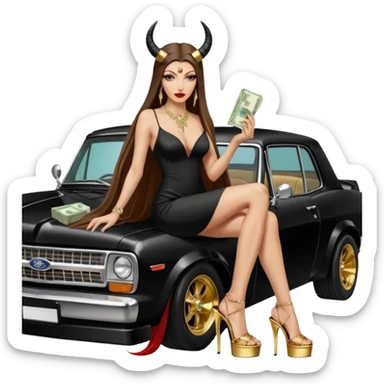 Sensual queen long brown straight haired sexy drug lord woman with  glitter platform high heels on her feet,  and devil black horns on her head, holding a stack of cash, has a phone in other hand. Sitting on the hood of a  gold ford350 pickup truck  full of drugs, long black dress with sexy slit sticker